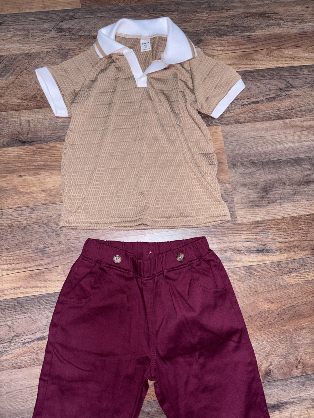 SHEIN Tan Polo Top with White Trim & Burgundy Pants (Bundle Outfit Deal)